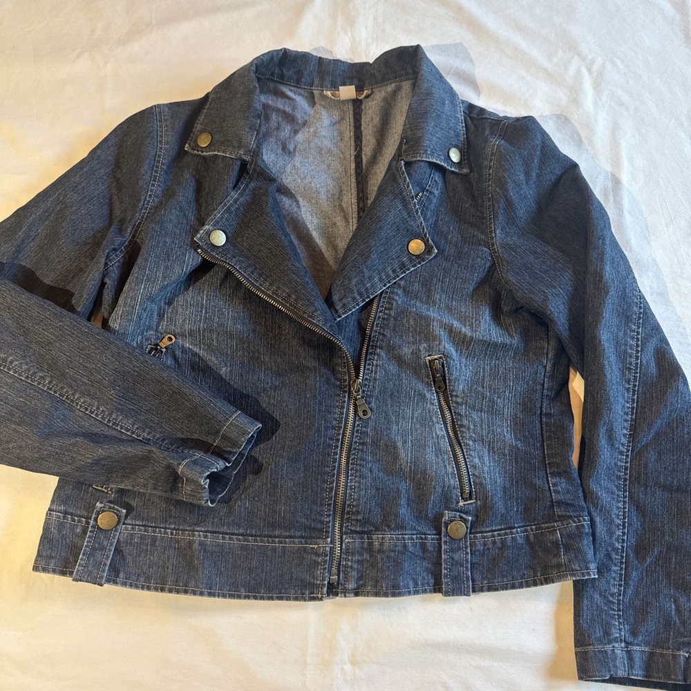 Khakis & Co Womens Denim Biker Jacket Blue Zip Front Pockets Size M